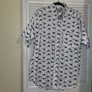 Wrangler Rugged Wear Mens XL Short Sleeve Fish/Marlin/ Hawaiian Shirt White/blue